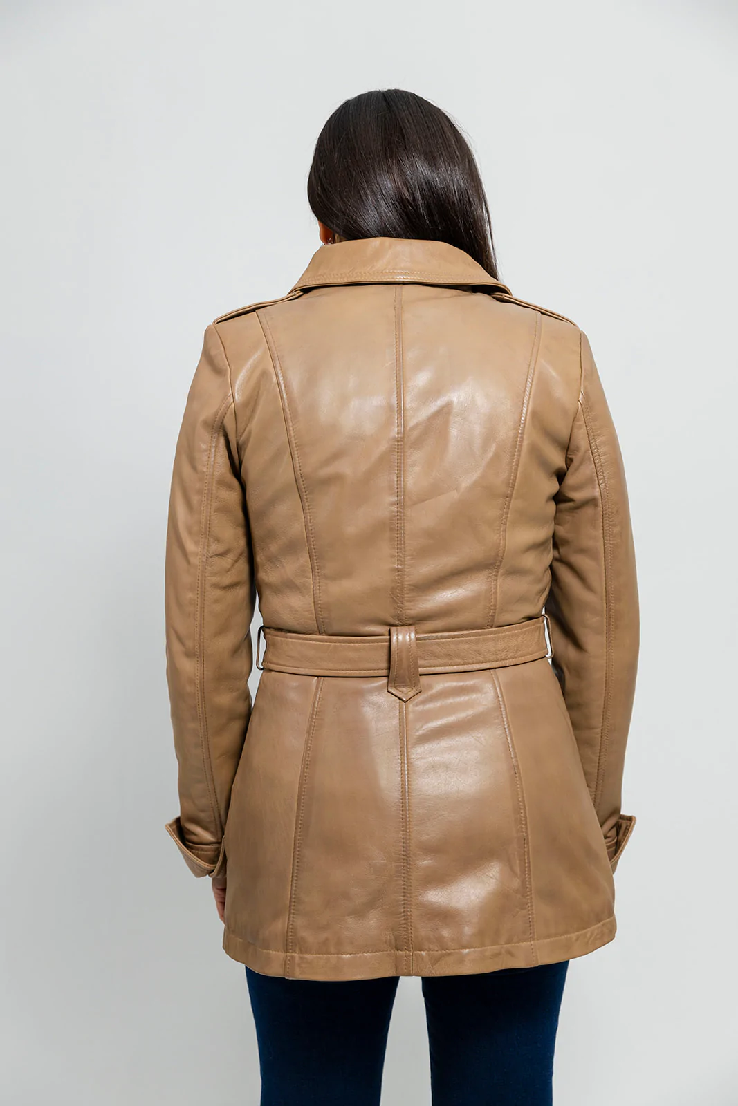 Women's Long Camel Dyed Leather Jacket, Women's Stylish Streetwear Camel Leather Coat - Image 6