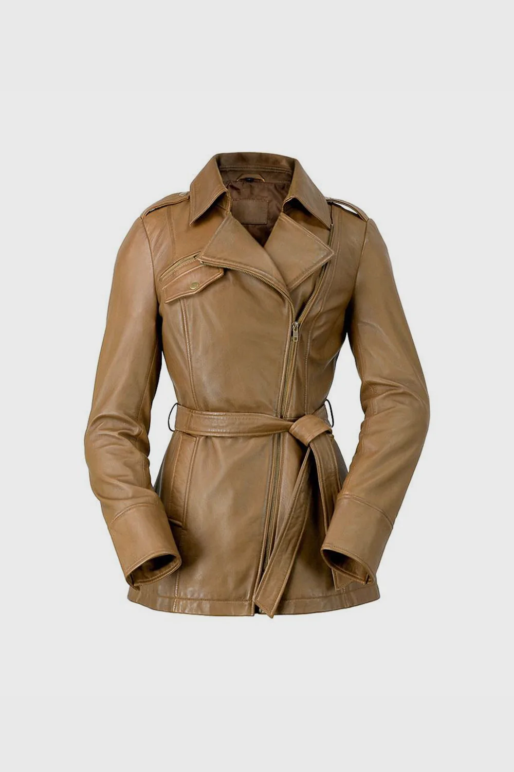 Women's Long Camel Dyed Leather Jacket, Women's Stylish Streetwear Camel Leather Coat - Image 7