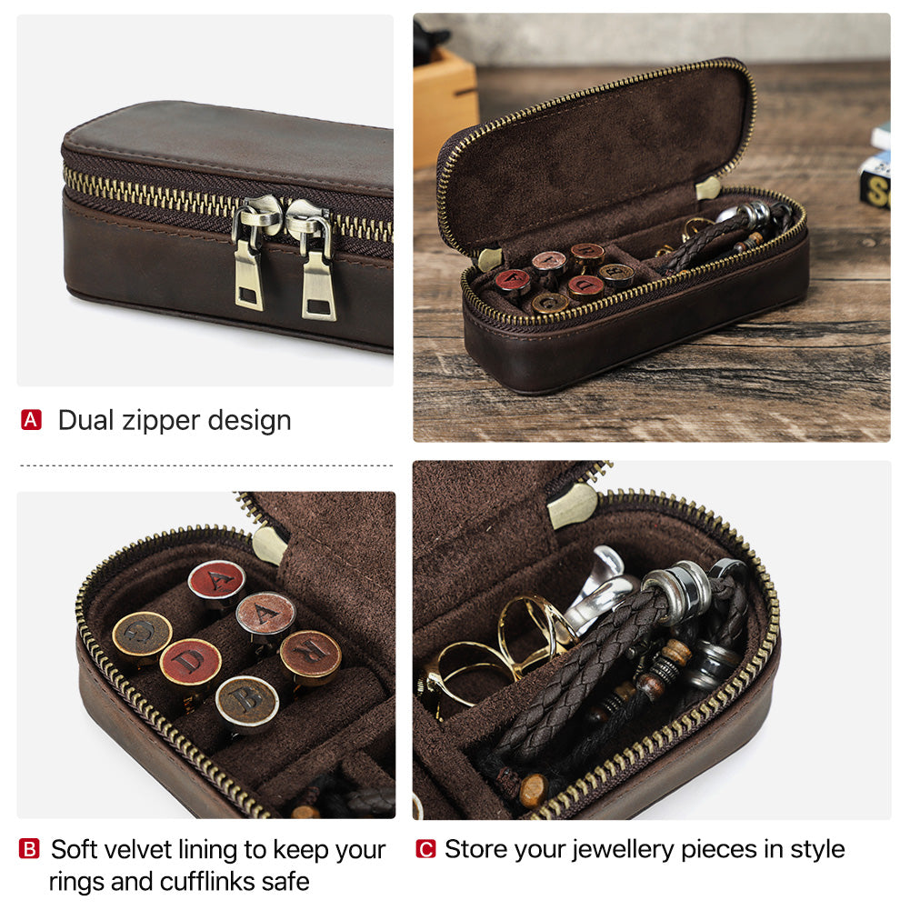 Luxury Leather Cufflink and Jewelry Organizer with Dual Zipper Design