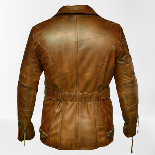 Antique Brown Belted Leather Jacket with Multiple Pockets - Image 2