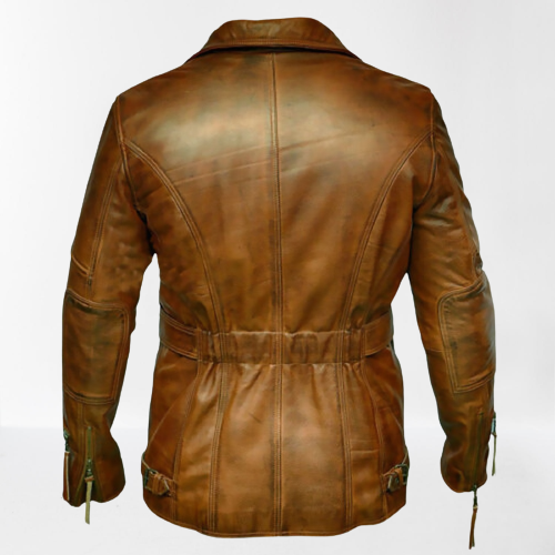 Men Antique Brown Coat Style Belted Leather Jacket with Multiple pockets