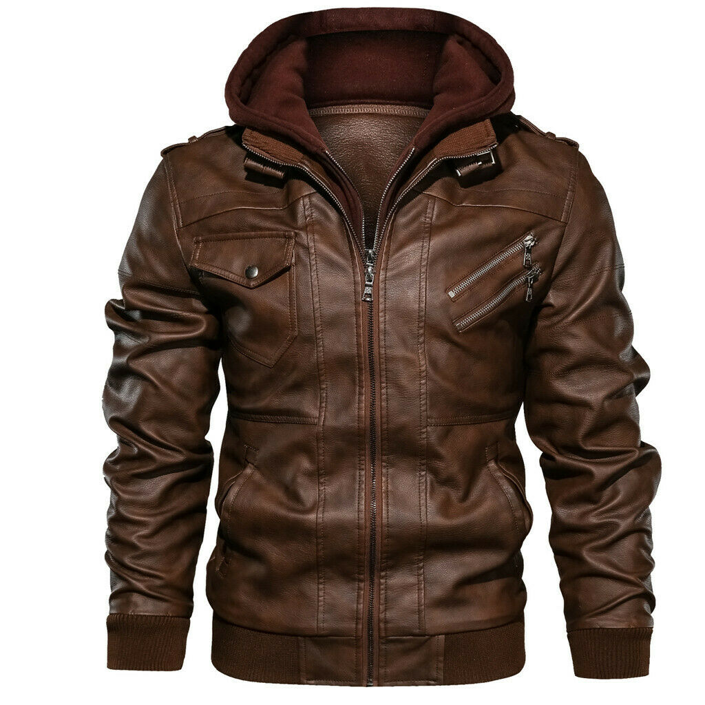 Men antique brown hooded leather Jacket Brown biker slim fit leather jacket