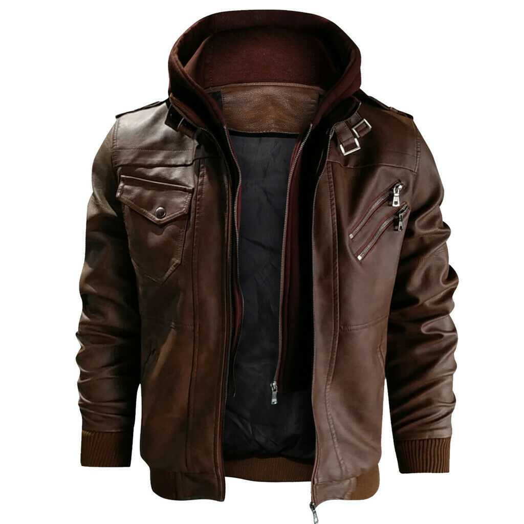 Men antique brown hooded leather Jacket Brown biker slim fit leather jacket