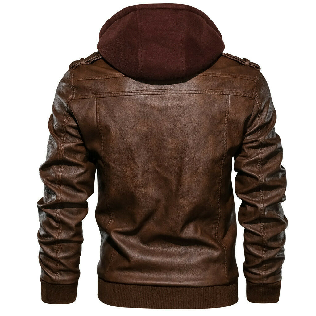 Men antique brown hooded leather Jacket Brown biker slim fit leather jacket