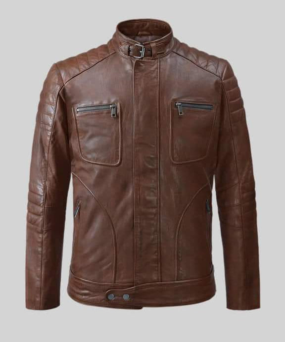 Handmade Men Antique Brown Leather Bomber Jacket, Men Biker Leather Jacket
