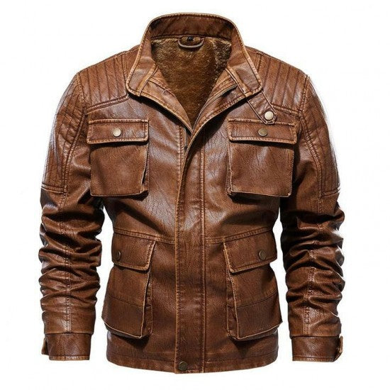 Men Antique Brown Leather Jacket with Cargo Pockets, Brown Leather Apparel