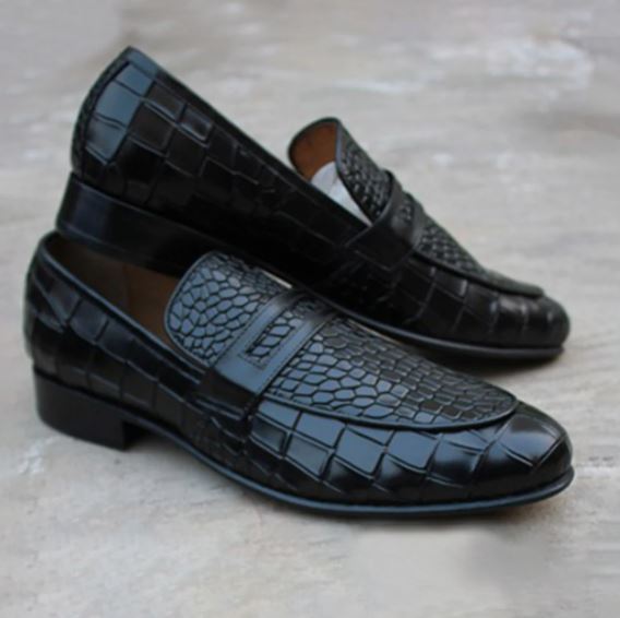 Men Black Alligator Texture Leather Moccasin Shoes, Business Shoes for men