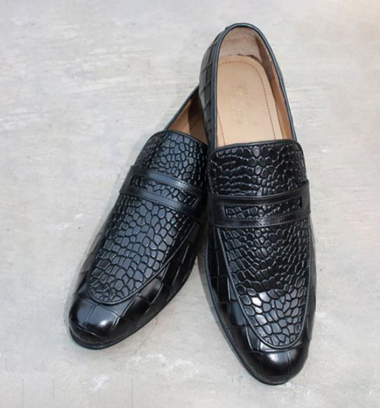 Men Black Alligator Texture Leather Moccasin Shoes, Business Shoes for men