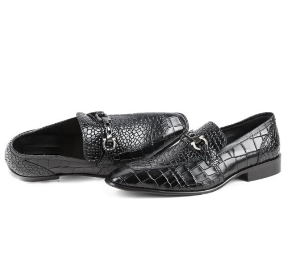 Men black alligator texture leather moccasin shoes, classic black shoes