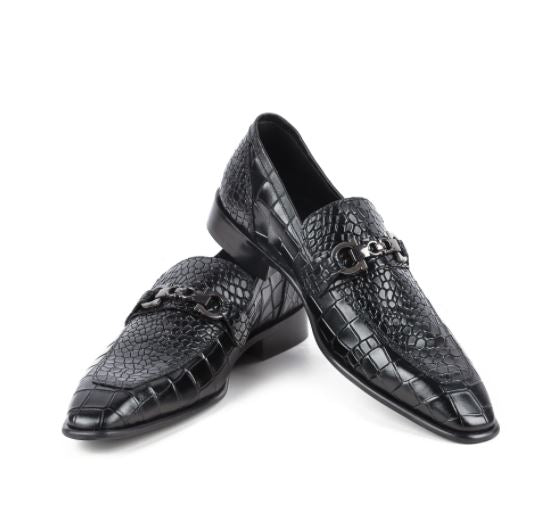 Men black alligator texture leather moccasin shoes, classic black shoes