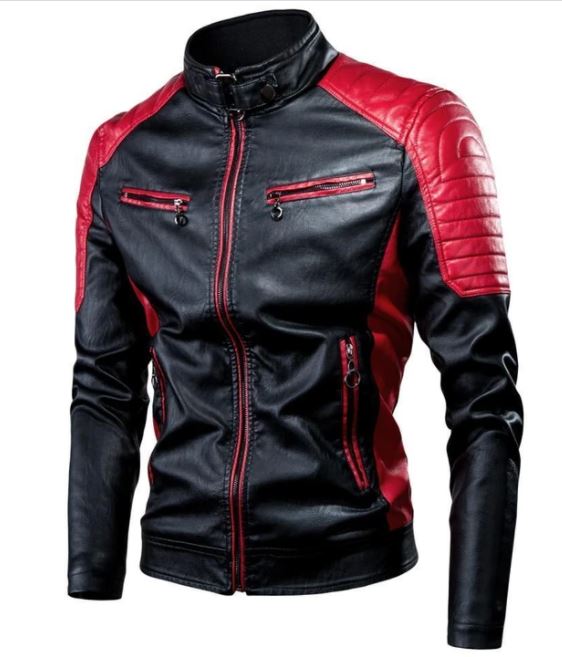 Men's Black and Red Leather Biker Jacket