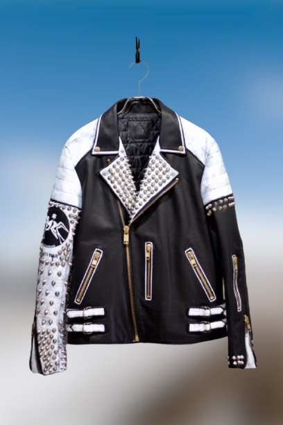 Men Black and White Leather Jacket with studs,Two Tone Leather Racer Jacket