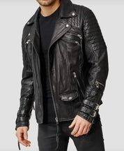 Men's Black Biker Leather Jacket with Multi Pockets