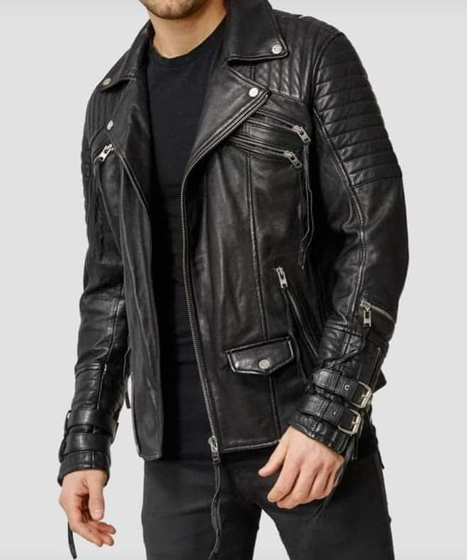 Men's Black Biker Leather Jacket with Multi Pockets