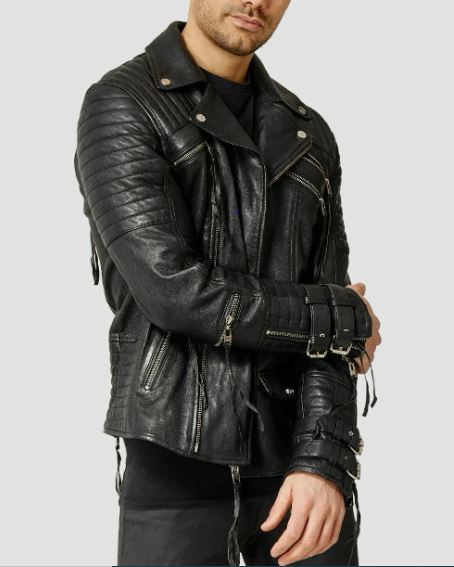 Men Black biker belted leather jacket, Men multi pockets leather jacket