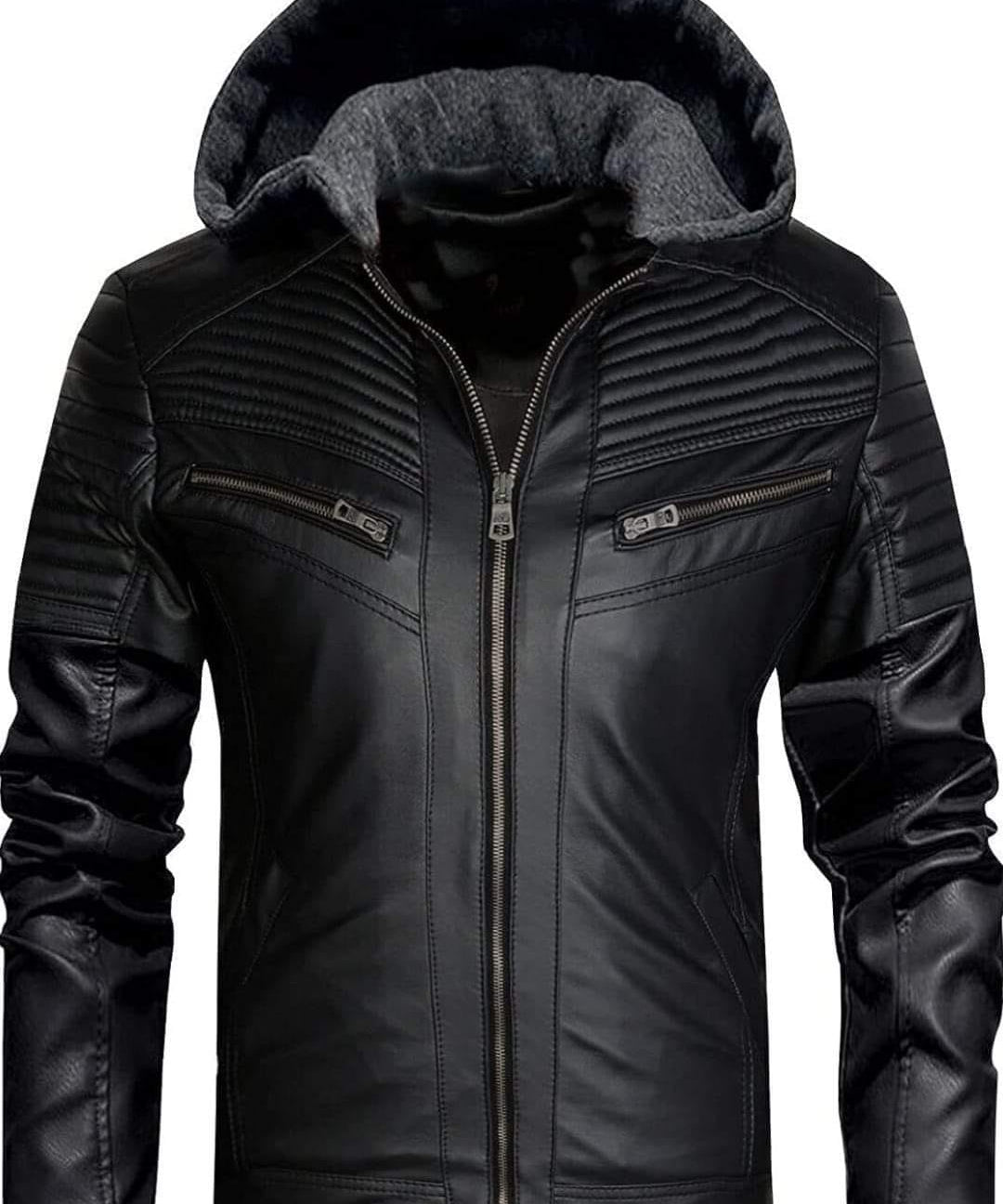 Men's Black Hooded Leather Biker Jacket
