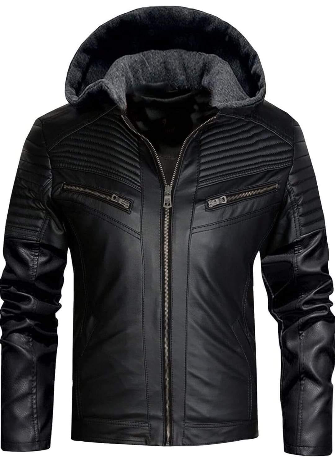 Men's Black Hooded Leather Biker Jacket