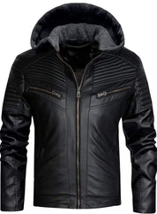 Men's Black Hooded Leather Biker Jacket