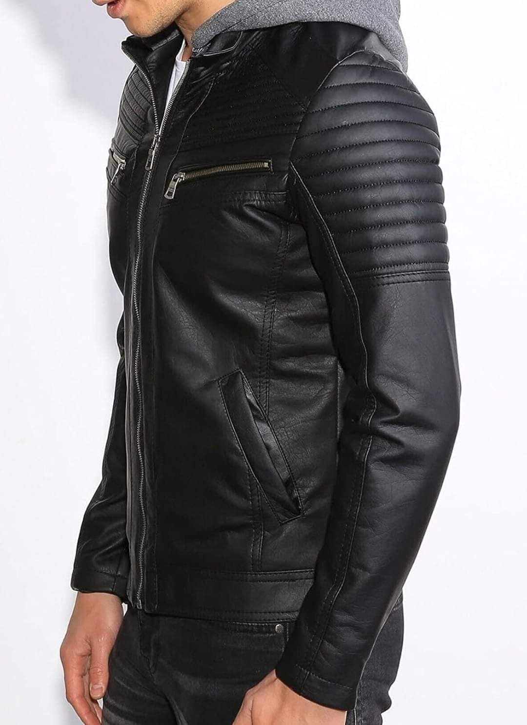 Men's Black Hooded Leather Biker Jacket - Image 2