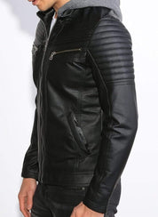 Men's Black Hooded Leather Biker Jacket - Image 2