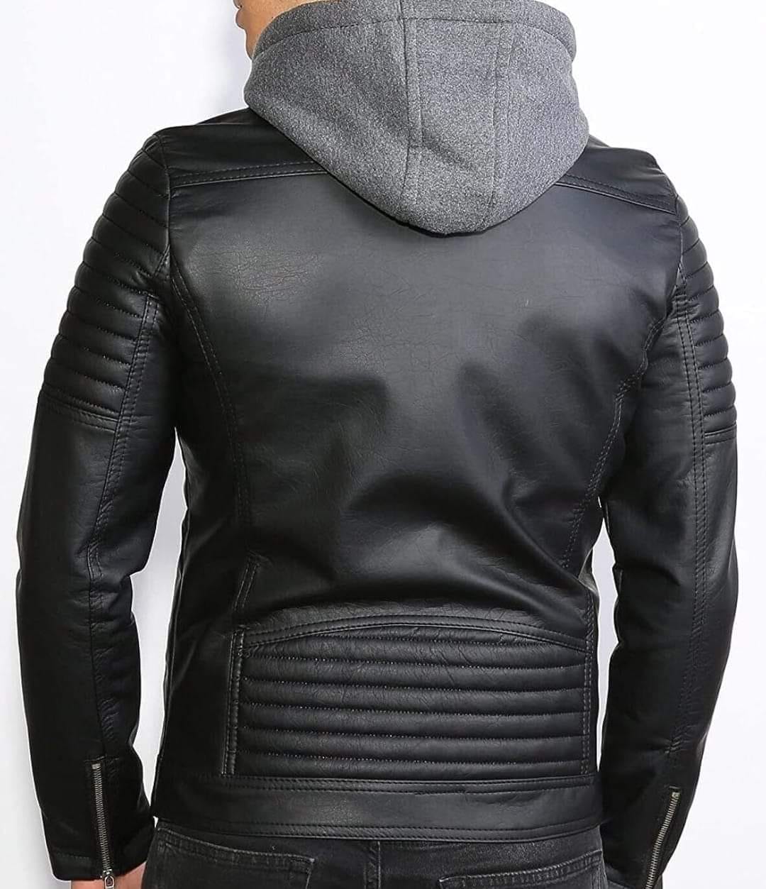 Men's Black Hooded Leather Biker Jacket - Image 3