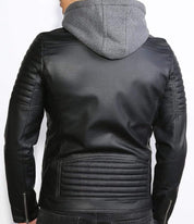 Men's Black Hooded Leather Biker Jacket - Image 3