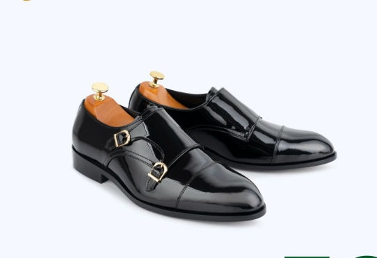 Men black Calf Leather Oxford monk shoes, Men black double monk dress shoes