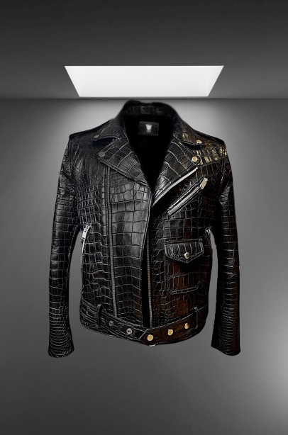Black Crocodile Embossed Biker Leather Jacket