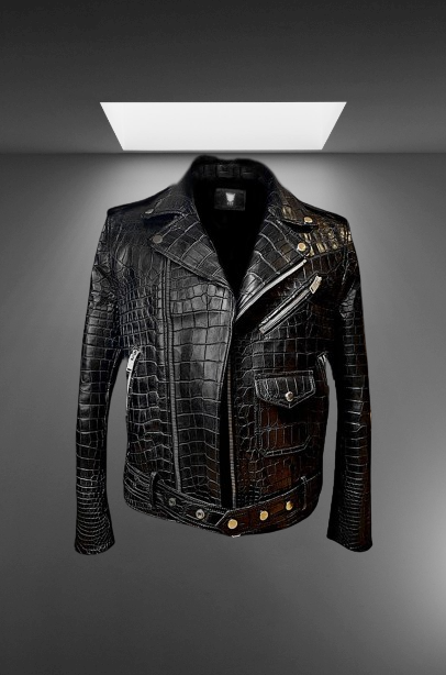 Men black crocodile biker leather jacket, Men motorcyc leather j