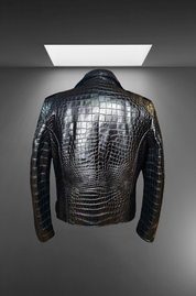 Black Crocodile Embossed Biker Leather Jacket - Image 2