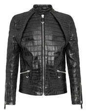Men's Black Leather Jacket | Crocodile Embossed Coat
