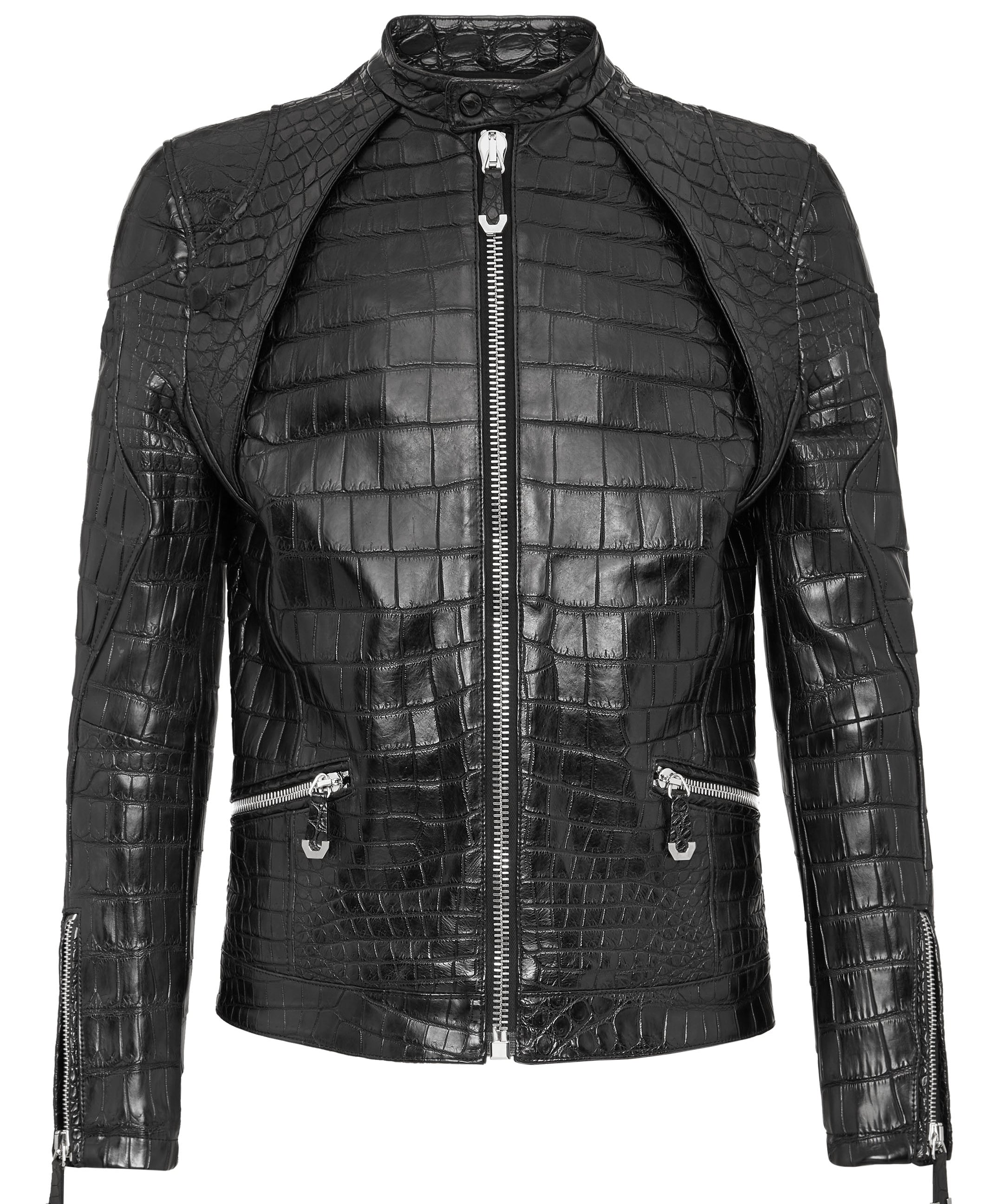 Men's Black Leather Jacket | Crocodile Embossed Coat