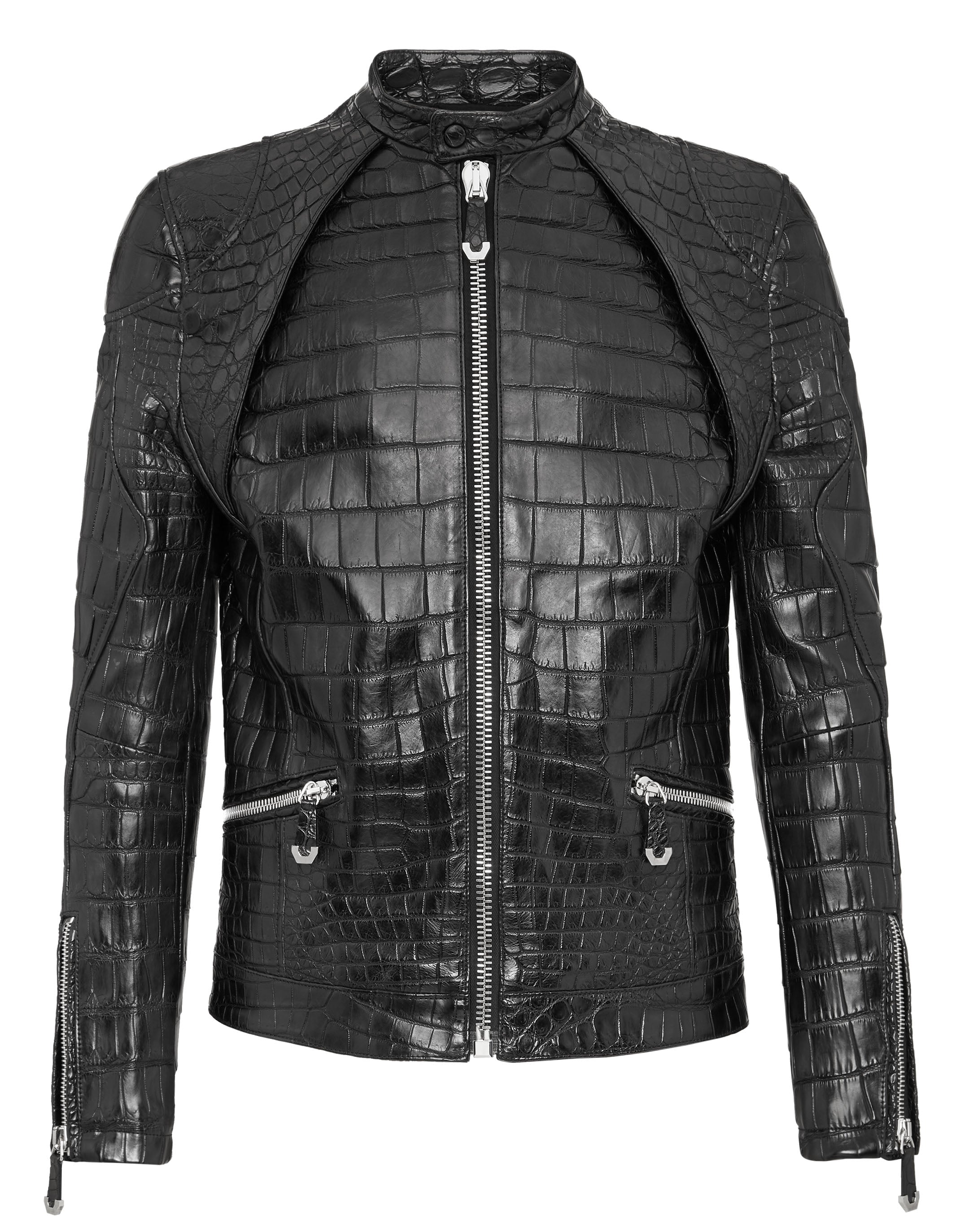 Men's Black Leather Jacket | Crocodile Embossed Coat