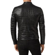 Men's Black Leather Jacket | Crocodile Embossed Coat - Image 3