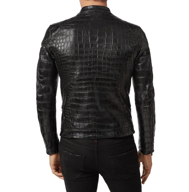 Men's Black Leather Jacket | Crocodile Embossed Coat - Image 3