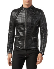 Men's Black Leather Jacket | Crocodile Embossed Coat - Image 2