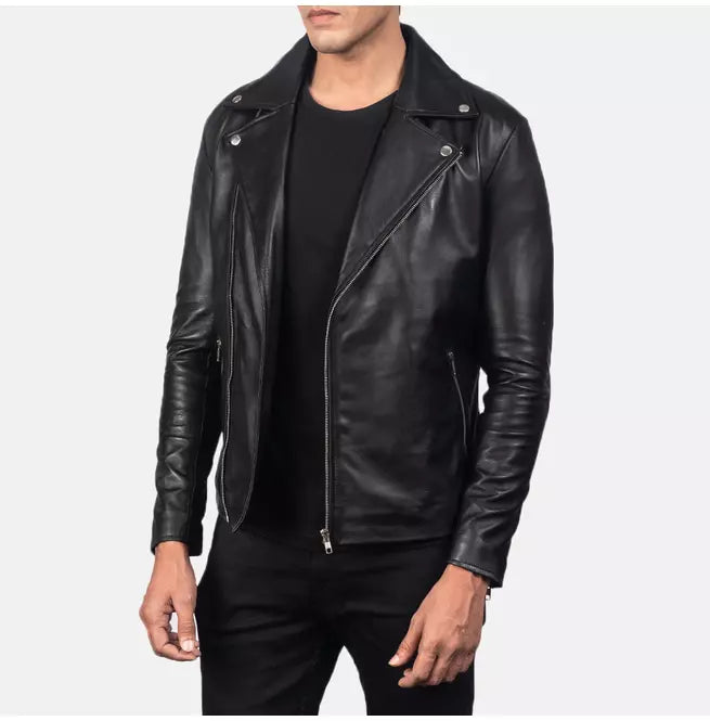 Handmade Men Black Leather Biker Jacket, Mens Wide Collar Jacket , Mens Jackets - Image 2