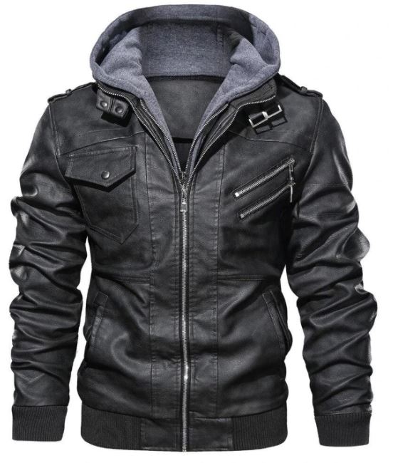 Handmade Men Black Leather Bomber Style Leather Jacket with Hoodie, Baseball Jackets
