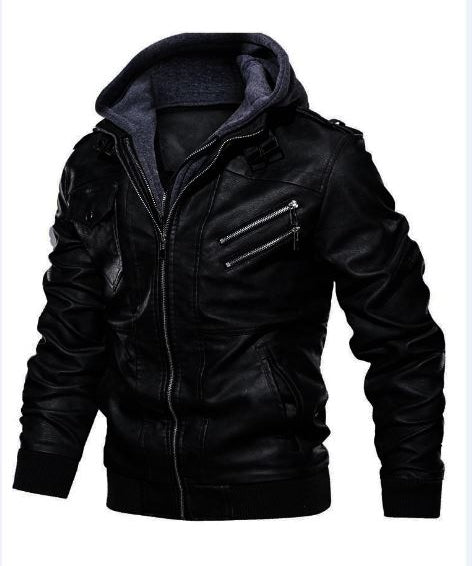 Men's Black Leather Bomber Jacket with Hoodie