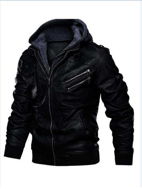 Men's Black Leather Bomber Jacket with Hoodie