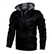Men's Black Leather Bomber Jacket with Hoodie - Image 2