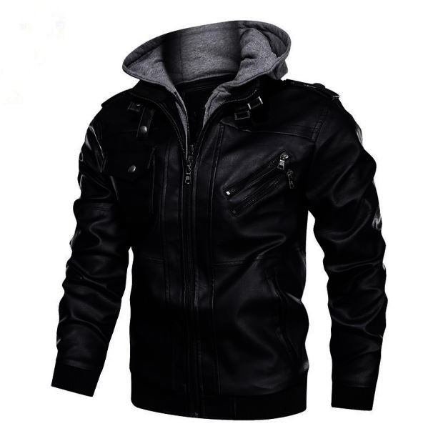 Men's Black Leather Bomber Jacket with Hoodie - Image 2