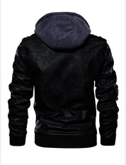 Men's Black Leather Bomber Jacket with Hoodie - Image 3