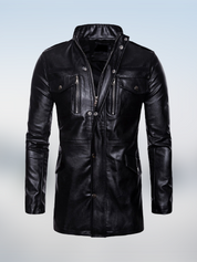 Men's Black Leather Long Jacket with Multi Pockets