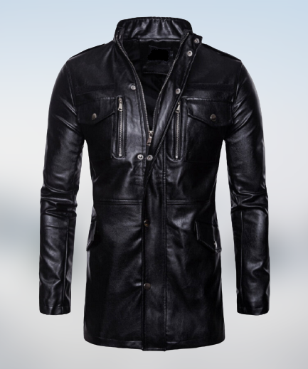 Men's Black Leather Long Jacket with Multi Pockets