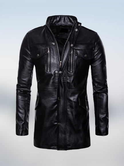 Men's Black Leather Long Jacket with Multi Pockets