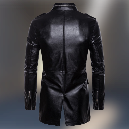Men's Black Leather Long Jacket with Multi Pockets - Image 2