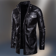 Men's Black Leather Long Jacket with Multi Pockets - Image 3