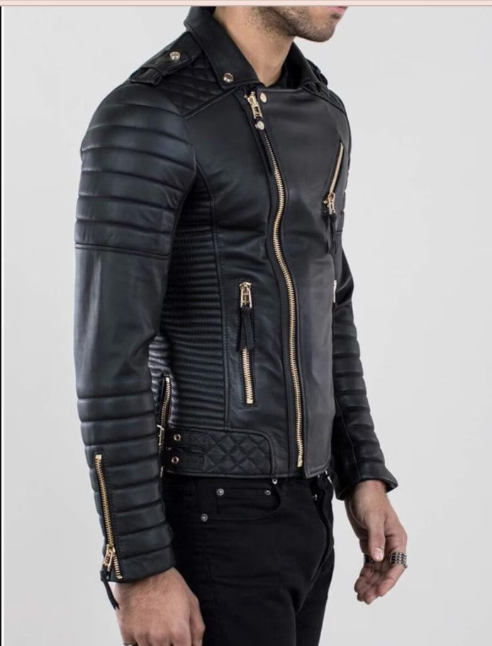Black Leather Motorcycle Jacket for Winter Fashion - Image 2
