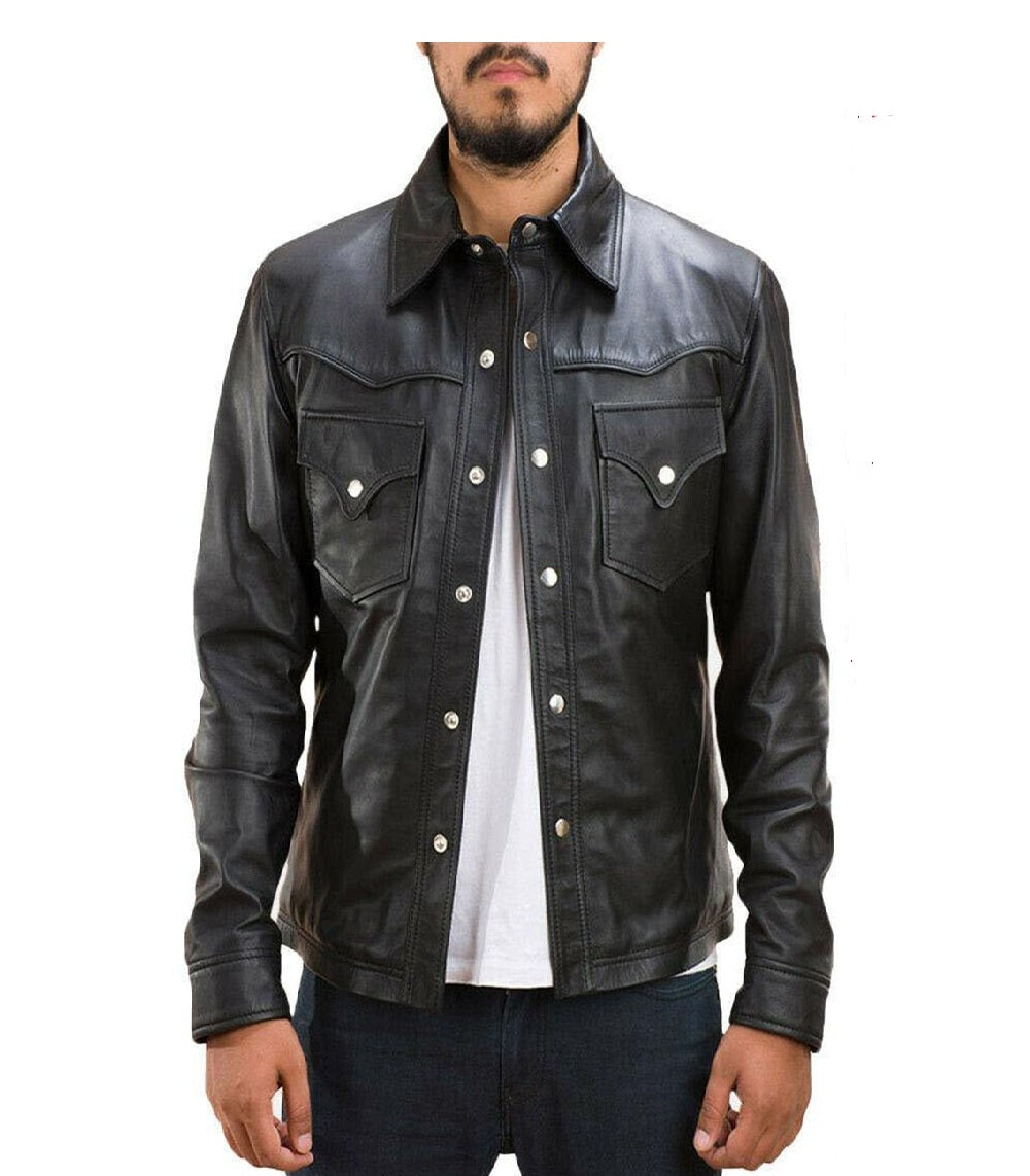 Men's Black Slim Fit Leather Jacket with Cargo Pockets